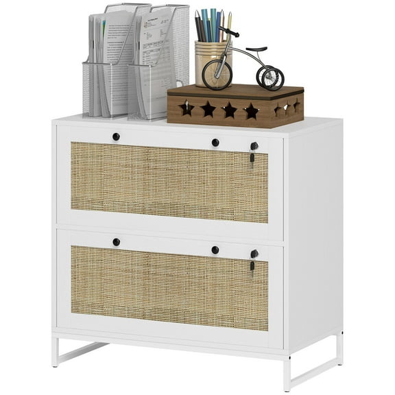 Homiyad Lockable Filing Cabinet, Boho 2 Drawer File Cabinet with Adjustable Hanging Bar for Letter, A4 and Legal Size, White