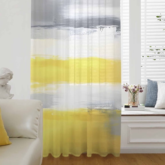Yellow Grey Semi Sheer Curtains Drapes for Living Room, Bedroom, French Doors Window 84 Inches Long, Contemporary Oil Painting Abstract Art Rod Pocket Chiffon Curtain Drapery Voile Draperies Panel