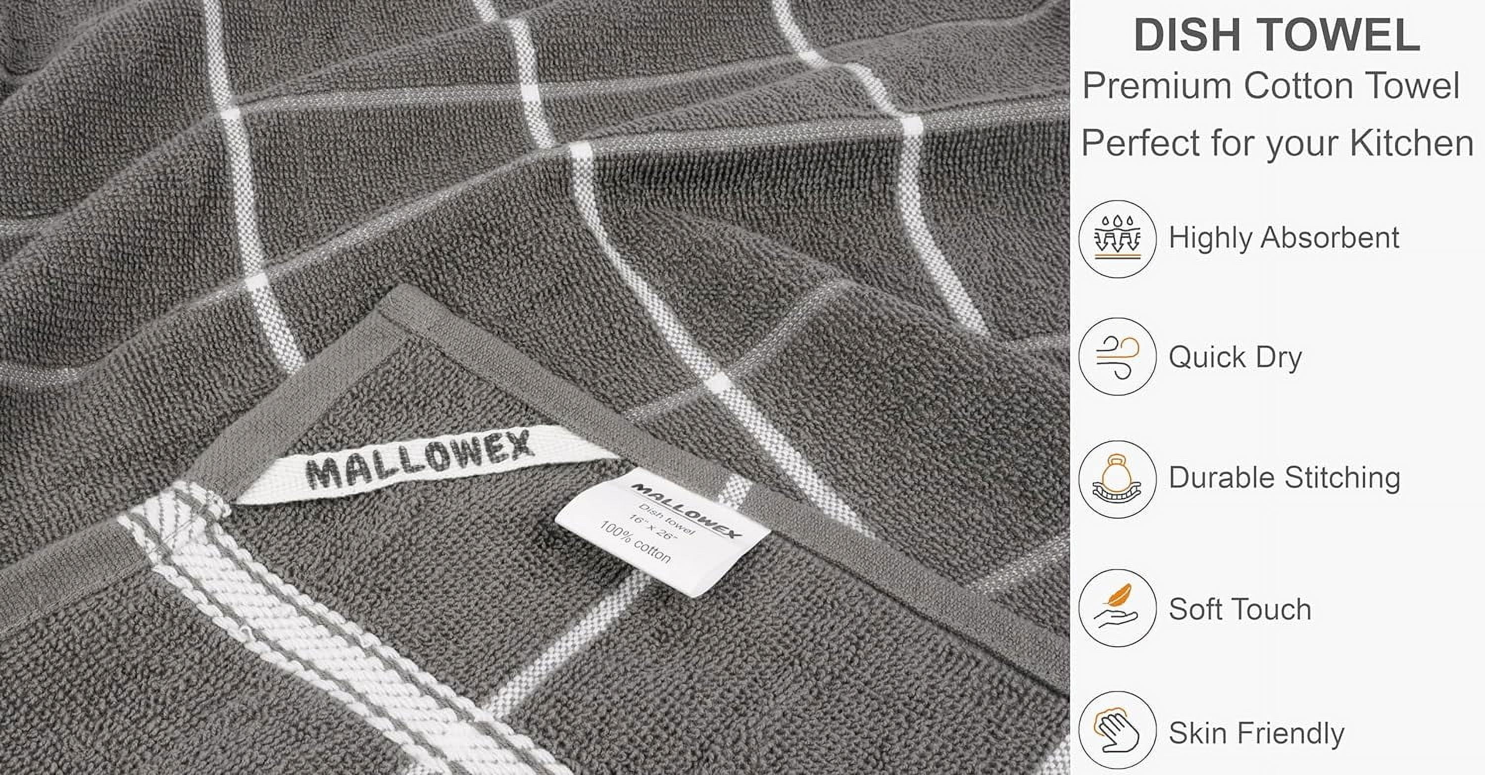 MALLOWEX Kitchen Towel and Dishcloth Set, Pack of 8 | 12 x 12 and 16 x 26 Inches | Super Soft and Absorbent | 100% Cotton Dish Rags for Drying Dishes | Light Grey