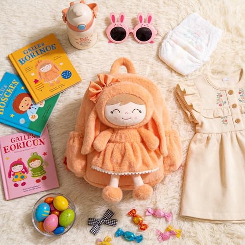Gloveleya Toddler Doll Baby Girl Gift Bunny Pocket Diaper Pocket Rabbit Doll Orange Flocking 11inches