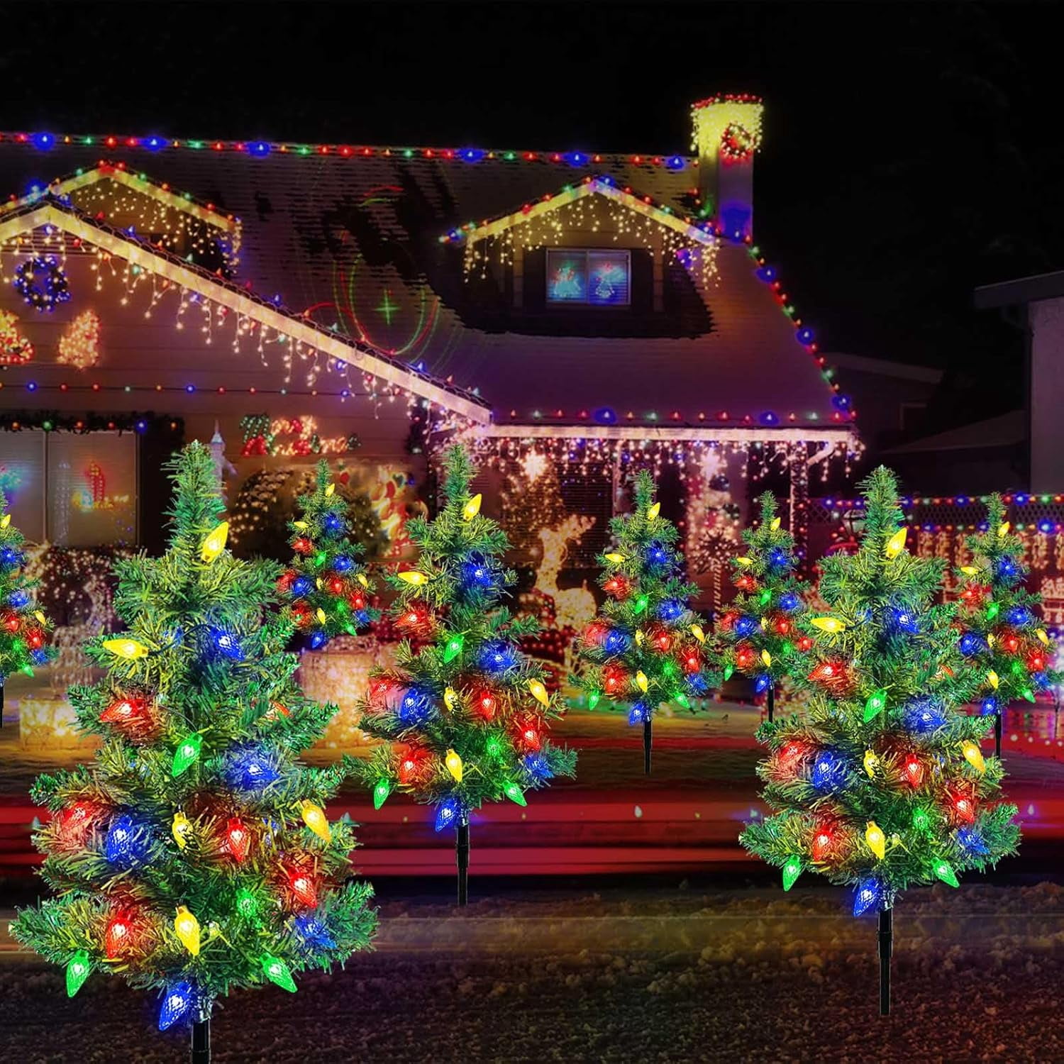 Qoosea 6 pack Solar Christmas Garden Stake Lights, Decorative Xmas Tree Solar Christmas Yard Stake Outdoor Waterproof Christmas Pathway Lights for Christmas Decoration Garden Patio Yard