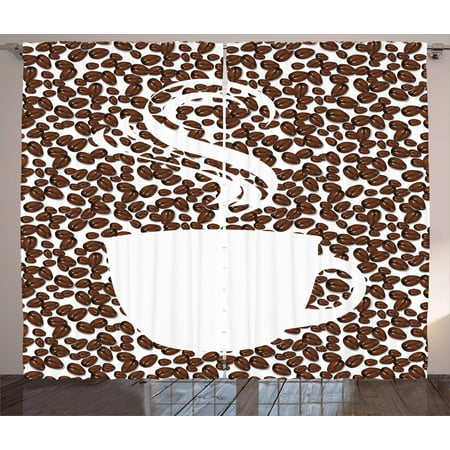 Coffee Curtains 2 Panels Set, Piping Hot Java Cup Silhouette on Fresh and Aromatic Arabica Beans Gourmet Choice, Window Drapes for Living Room Bedroom, 108W X 63L Inches, Brown White, by