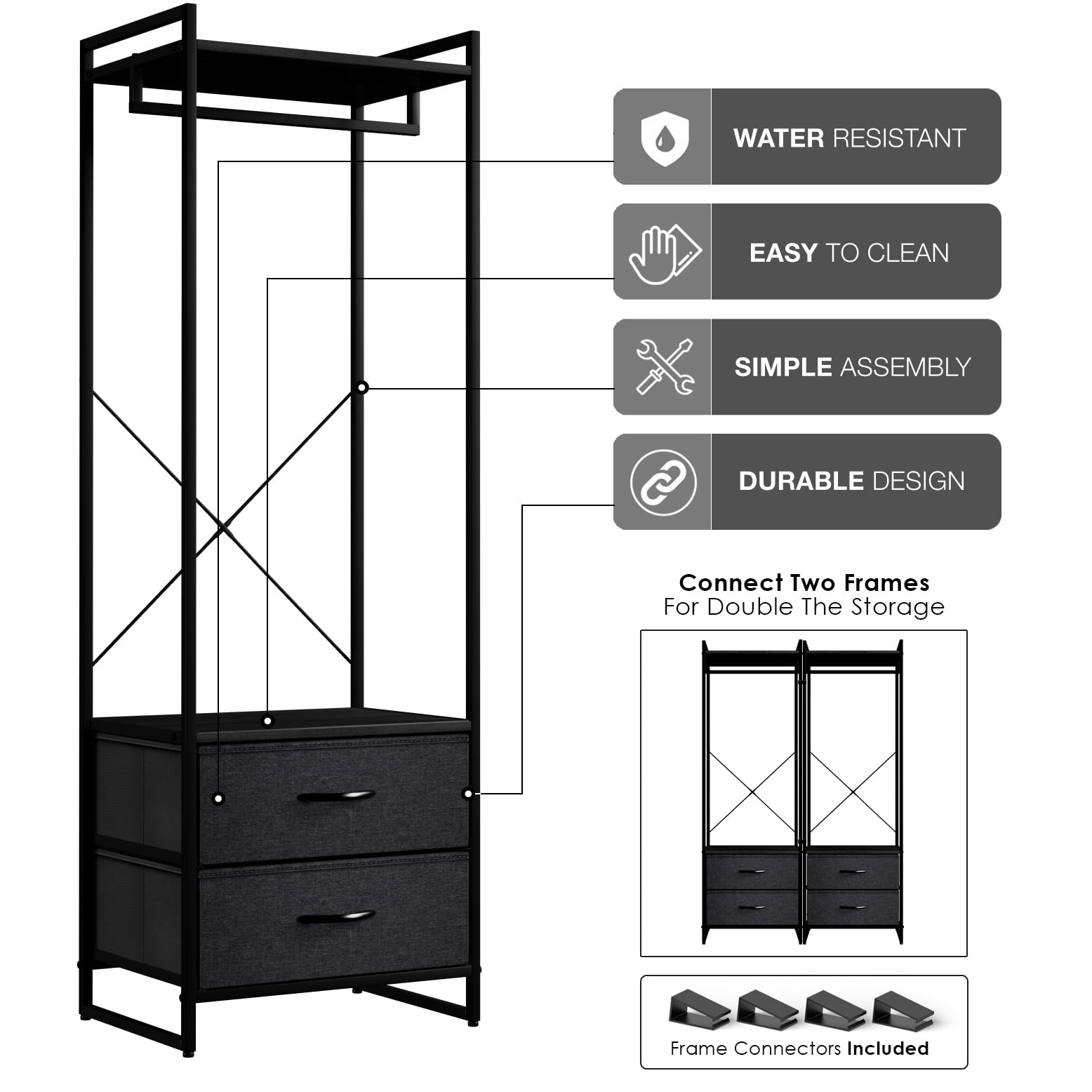 Sorbus Clothing Rack with 2 Drawers, Wood Top, Steel Frame, Black