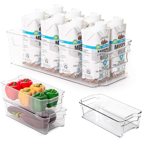 Smart Design Stackable Set of 4 Refrigerator Bins - 6 x 12 Inch - with Handle - BPA Free Polyethylene - Fridge, Freezer, Pantry Organization - Kitchen - Clear
