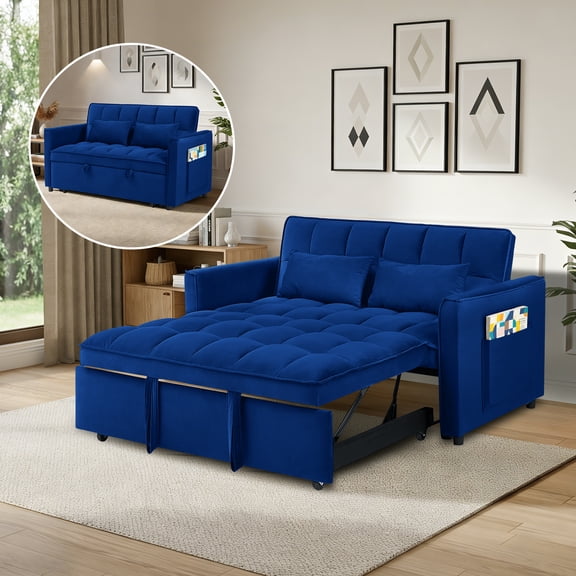 Howcool 55" 3-in-1 Convertible Sleeper Sofa Bed, Pull Out Loveseat, Velvet Adjustable Backrest Couch with Storage Pocket, Small Space Apartment Sofa for Living Room Bedroom,Blue