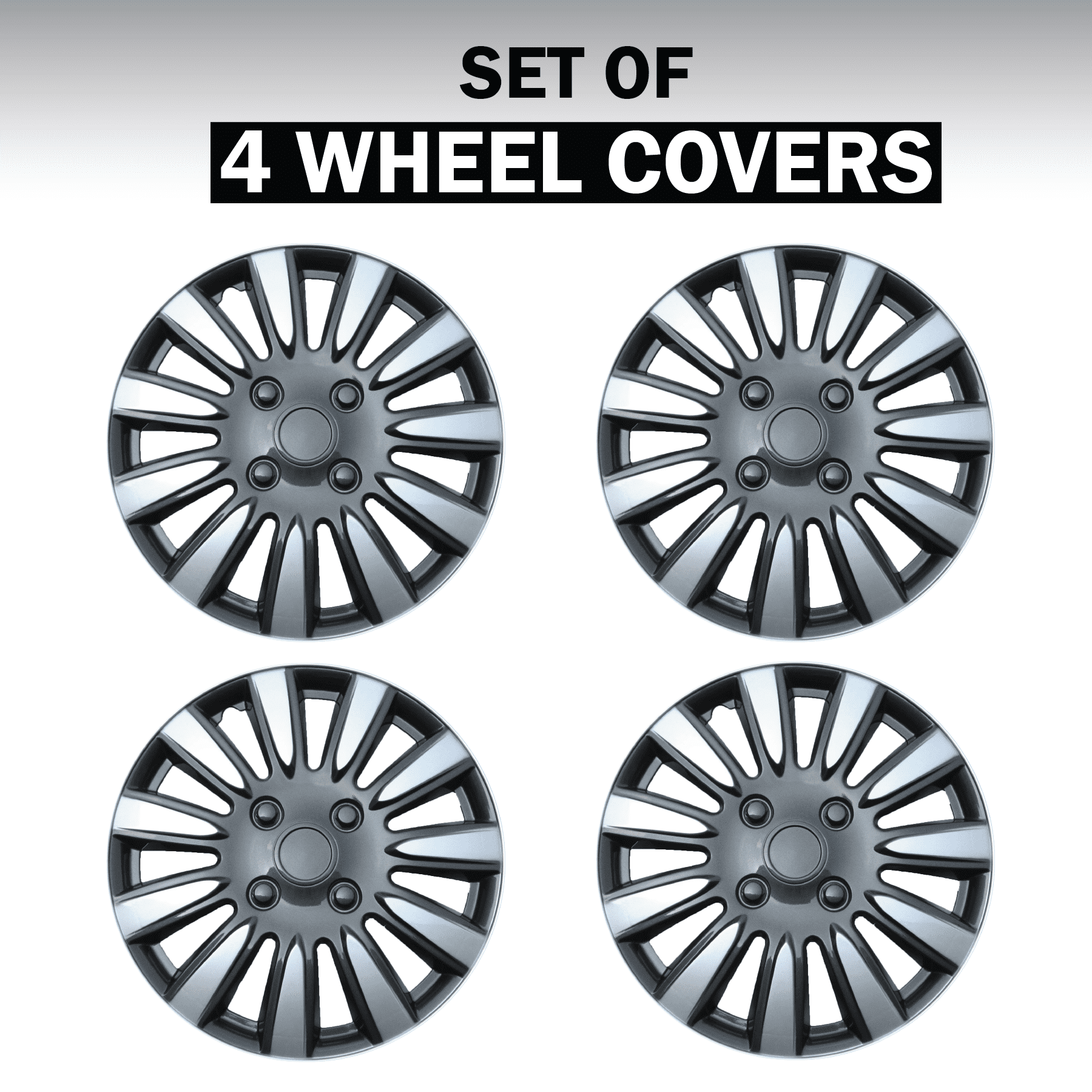 Auto Drive 15 Inch Silver and Charcoal Finish Hubcap Wheel Covers - Set of 4 - Fits Most Cars
