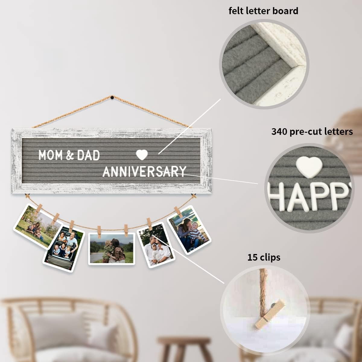 CJIAWYS Picture Frames Hanging Display Wooden Board, Felt Letter Board with 340 Letters and 15 Clips, Photo Frames Collage Wall Decor for Family Birthday Christmas Party Gifts