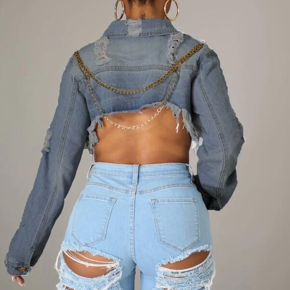 Vedolay Coats Women's Rhinestone Fringe Jean Jacket Cropped Distressed Denim Jackets,Blue 3XL