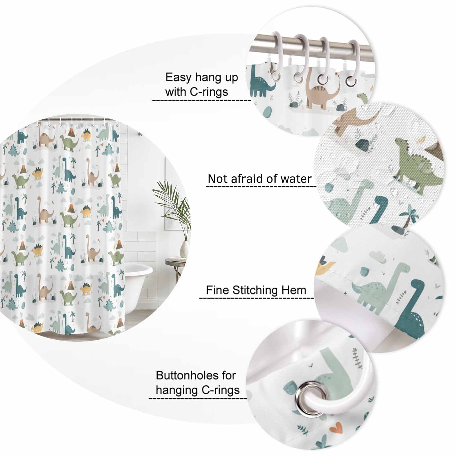 Shower Curtain Bathroom Set Cartoon Dinosaur Lovely Animals Waterproof Fabric Shower Curtains with Grommets&Hooks, Cute Cartoons Privacy Bath Curtain for Bathtub 60x72in