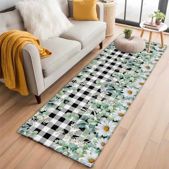 Green Eucalyptus Leaves 2'x6' Runner Rugs for Hallway Kitchen Bedside Non Slip, Summer Botanical Daisy Black Plaid Entryway Rug Runners with Rubber Backing, Long Carpet Runner for Laundry Room
