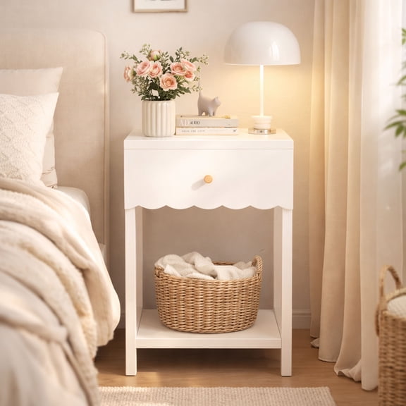 MAYEERTY Modern Nightstand with Drawer and Open Shelf, Bedside End Table for Kids Girls Bedroom Living Room Small Spaces