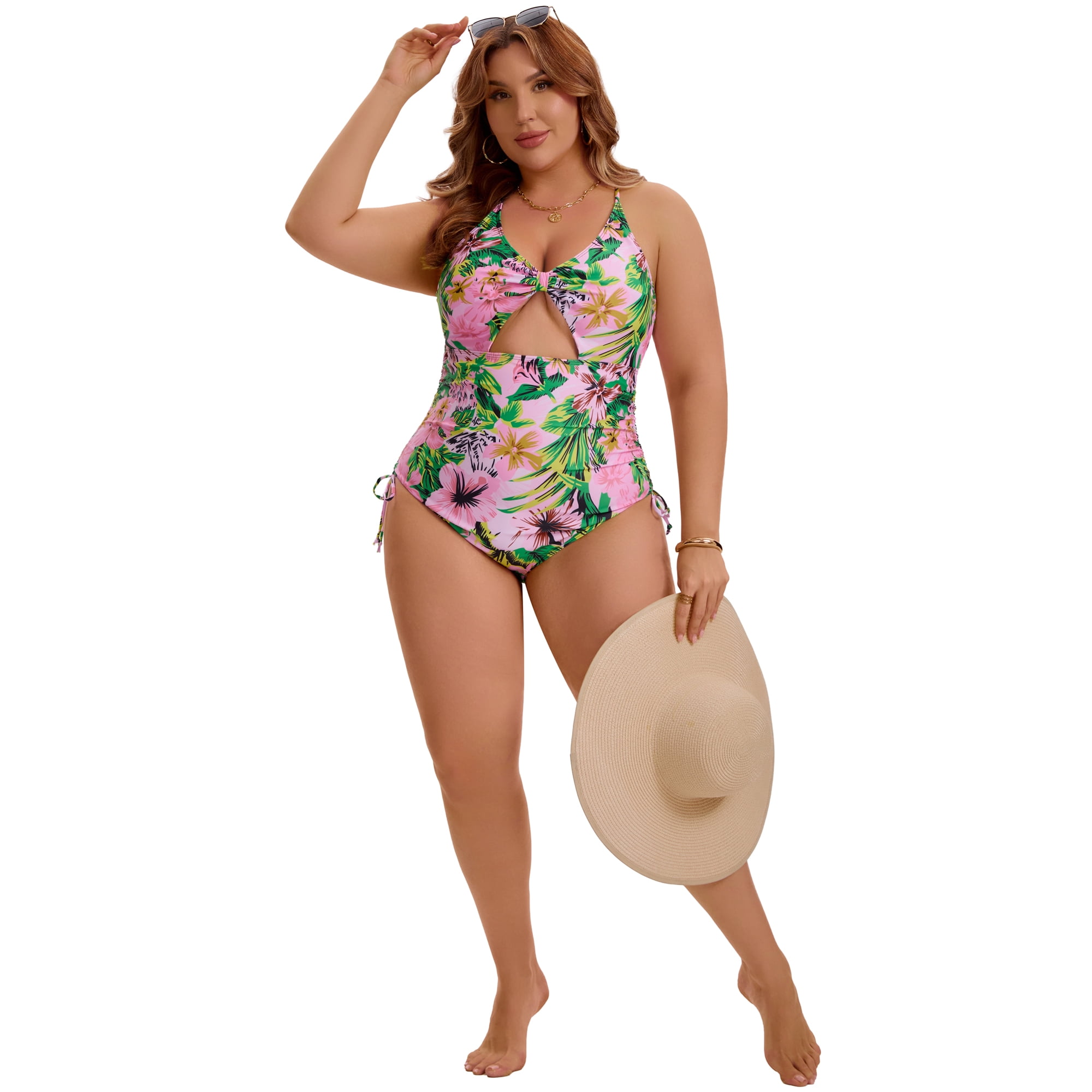 DARING DIVA Women's Plus Swimsuit Tummy Control Cutout Monokini 2X Pink Green Floral