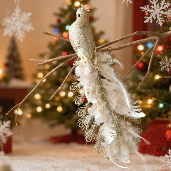 AUHomi Peacock Feather Ornament with Clip For Christmas Tree and Holiday Decoration, Glitter Peacock Tree Branch Decoration For Trees, Garlands, Wreaths (Gold, 1PC)