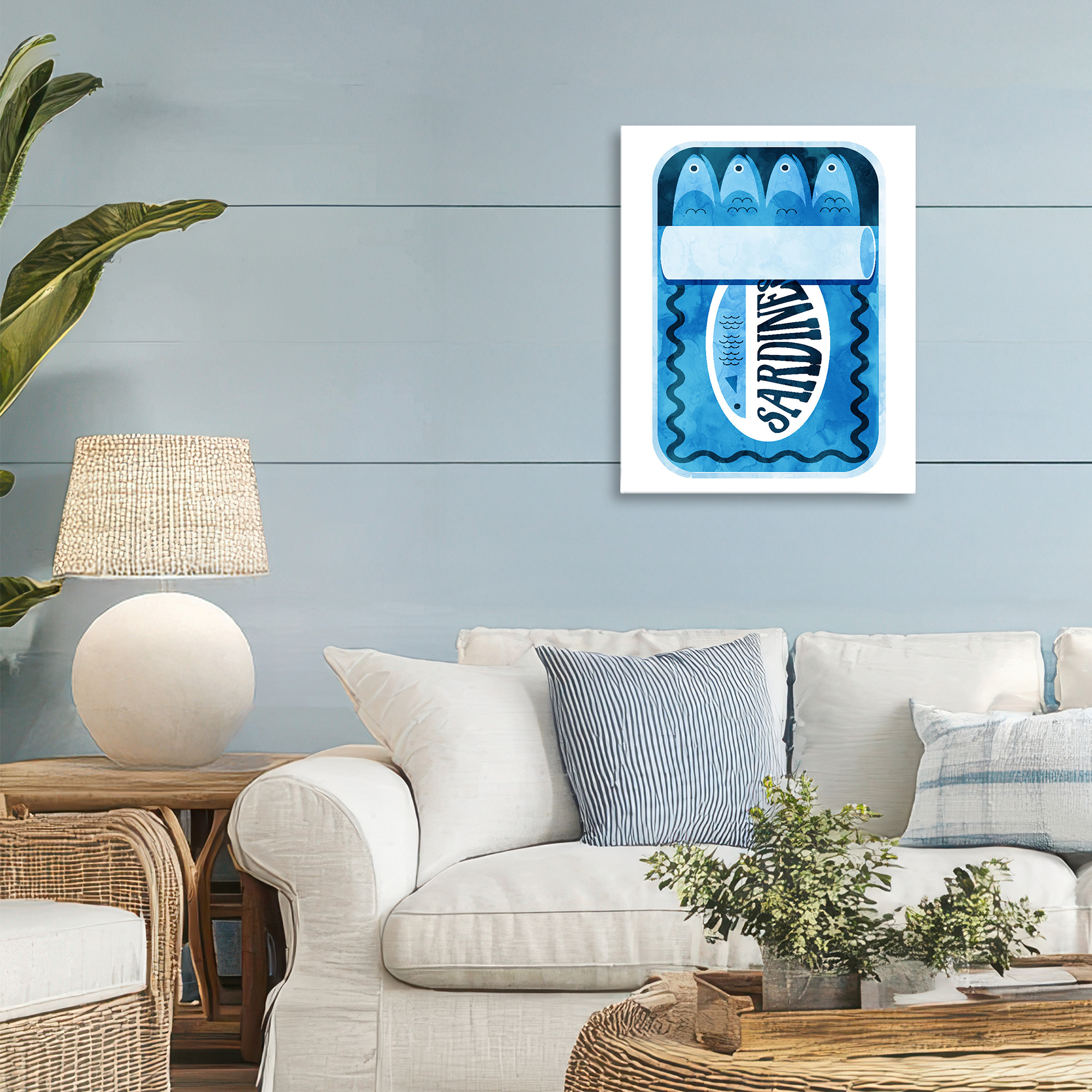 Retro Blue Sardine Tin Canvas Wall Art, design by Daphne Polselli