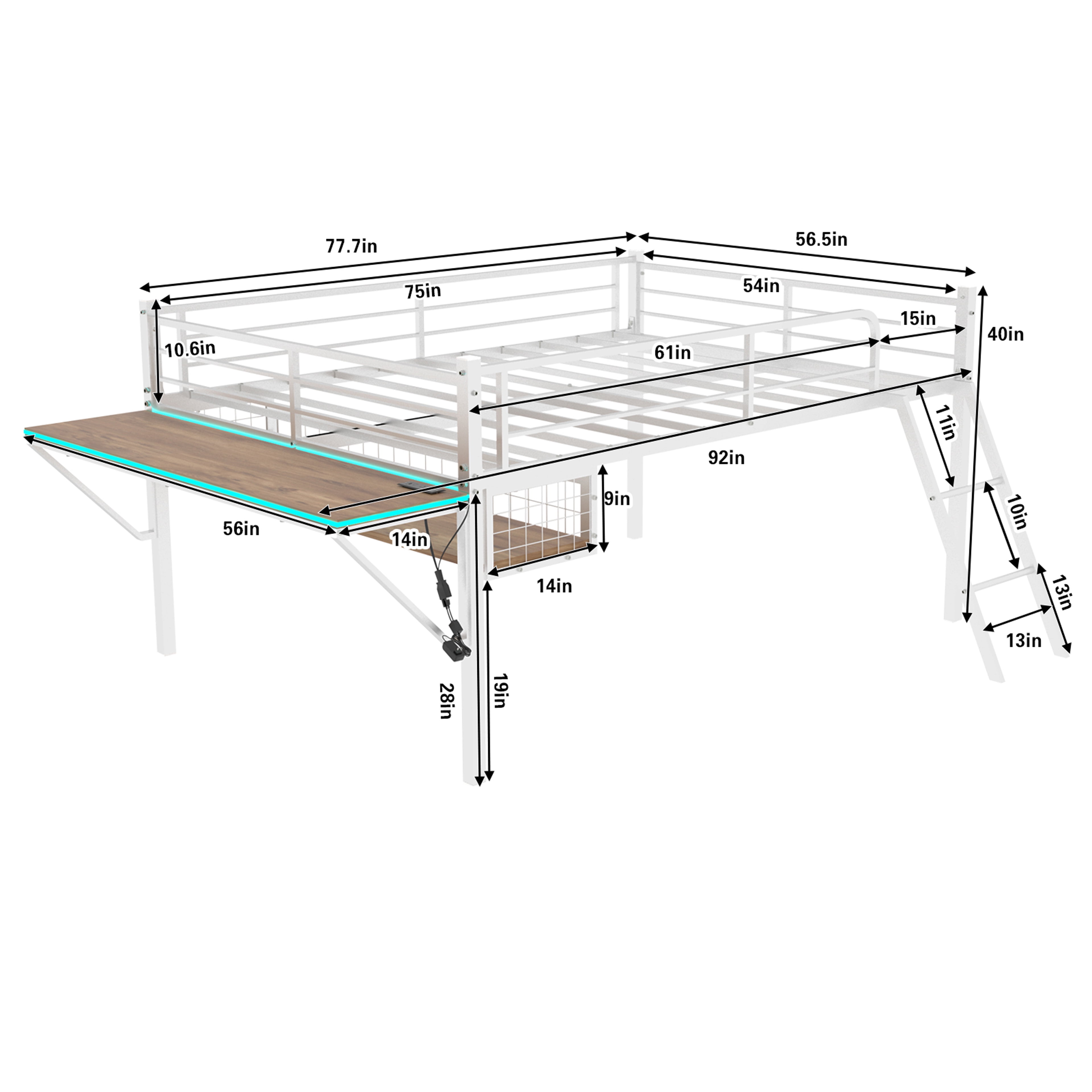 Alvantor Loft Bed Full Size with Desk & LED Strip, Metal Bed Frame with Inclined Ladder for Kids/Teens, No Box Spring Needed White