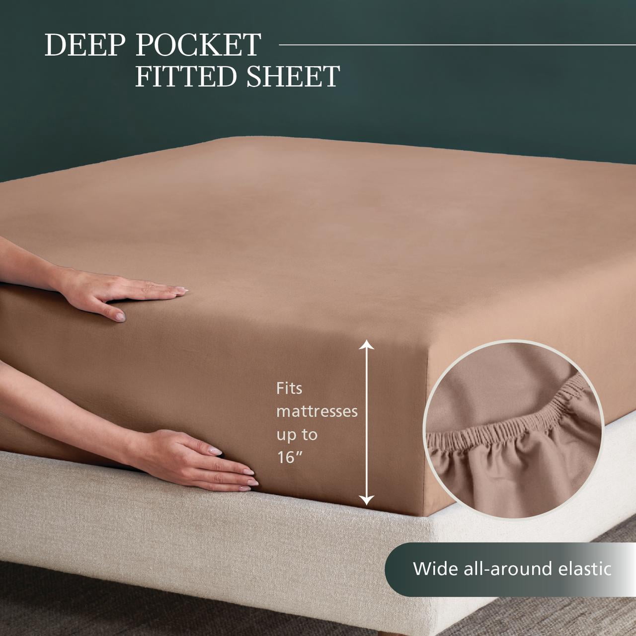Mainstays 100% Cotton Dreamy Soft 4-Piece Bed Sheet Set, 220 Thread Count Brushed and Washed Sateen, Deep Pocket, King, Teddy Bear Brown