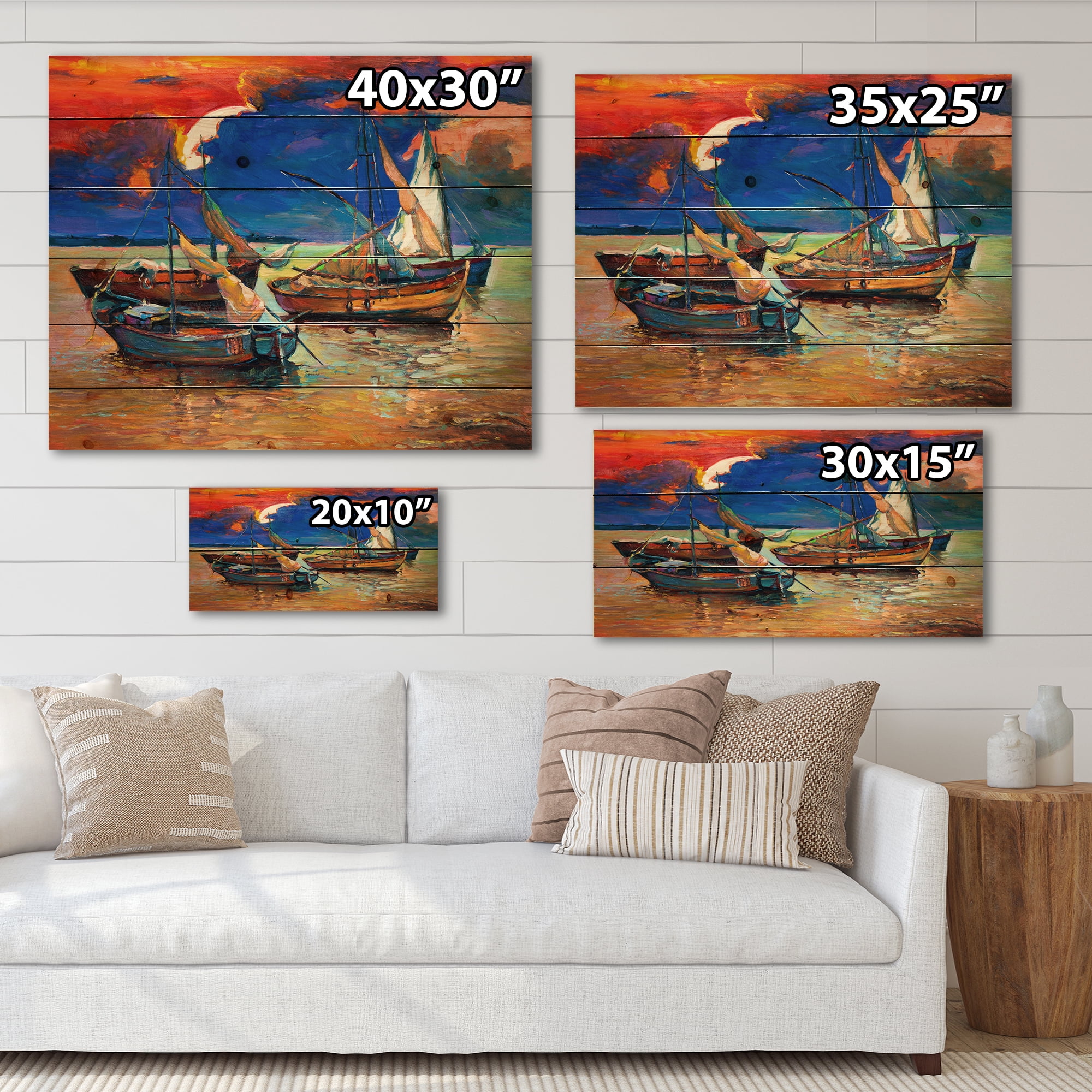 Designart 'Boats On The Water With Dark Blue Sky I' Lake House Print on Natural Pine Wood