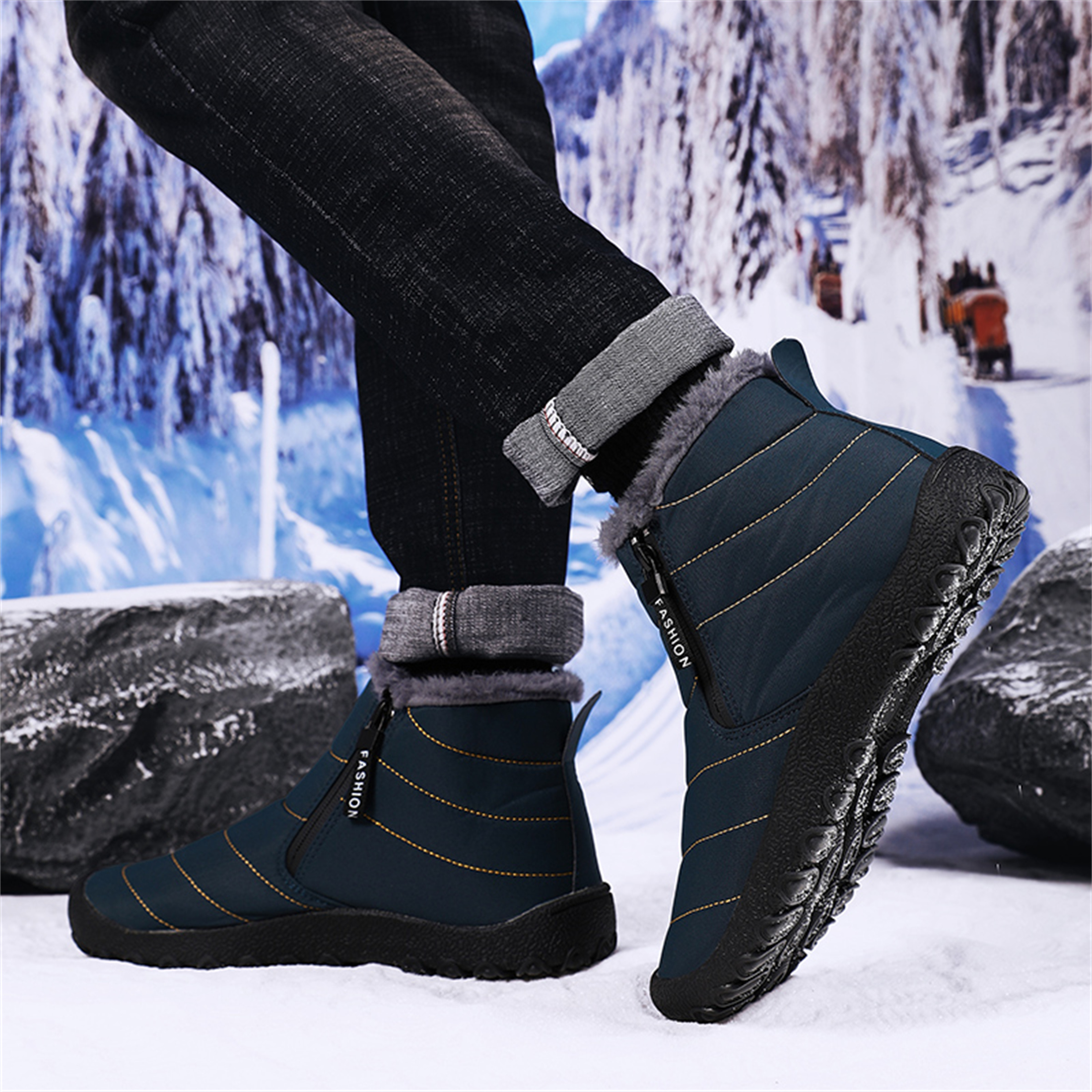 LASUDRAA Mens Barefoot Winter Boots Water-Resistant Slip-Resistant Hiking Snow Shoes Lightweight Warm Ankle-High Boots, Wide Toe Box,Trails & Everyday Wear