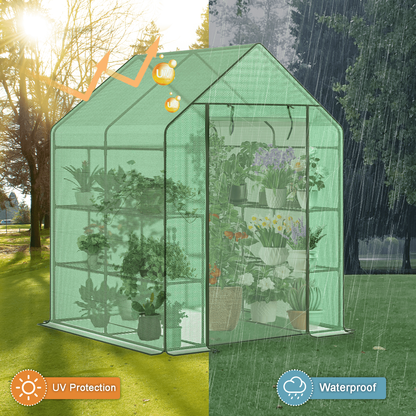 Grezone Small Greenhouse with Anchors and Ropes, 3 Tier 4 Wired Shelves Indoor and Outdoor Greenhouse for Garden/Patio/Backyard/Balcony, Green PE Cover Easy to Assemble