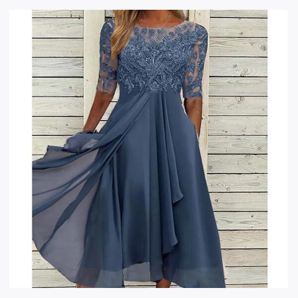 Vestido de apliques de encaje Midi Vestidos de noche de manga corta Vestido informal que combina con todo para boda