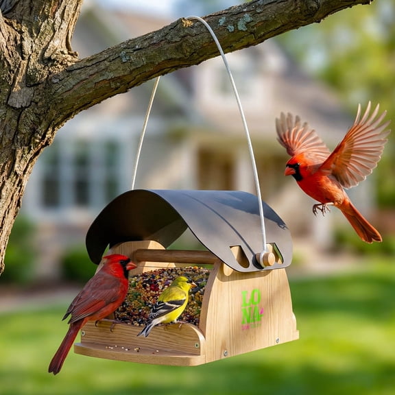 LONA Wooden Bird Feeder for Outdoors Hanging, Large Capacity Hopper with Weatherproof Roof Birdfeeder for Feeding Outside Garden Wild Birds Cardinals Finches Robin Sparrow Blue Jay Chickadees