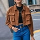 thumbnail image 2 of Gibobby Chaquetas de mujer ligeras largas Chaqueta tipo cárdigan de pana con cuello vuelto y bolso de acordeón de un solo pecho para mujer, chamarra de holgado a la moda (Marrón, M), 2 of 5