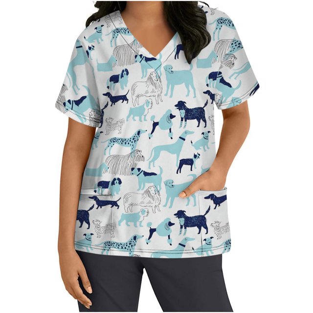 Snoarin Summer Plus Size Tops for Women Tops Short Sleeve V-neck Tops Working Uniform Floral Print With Three Pockets Blouse Work Uniforms for Women on Clearance