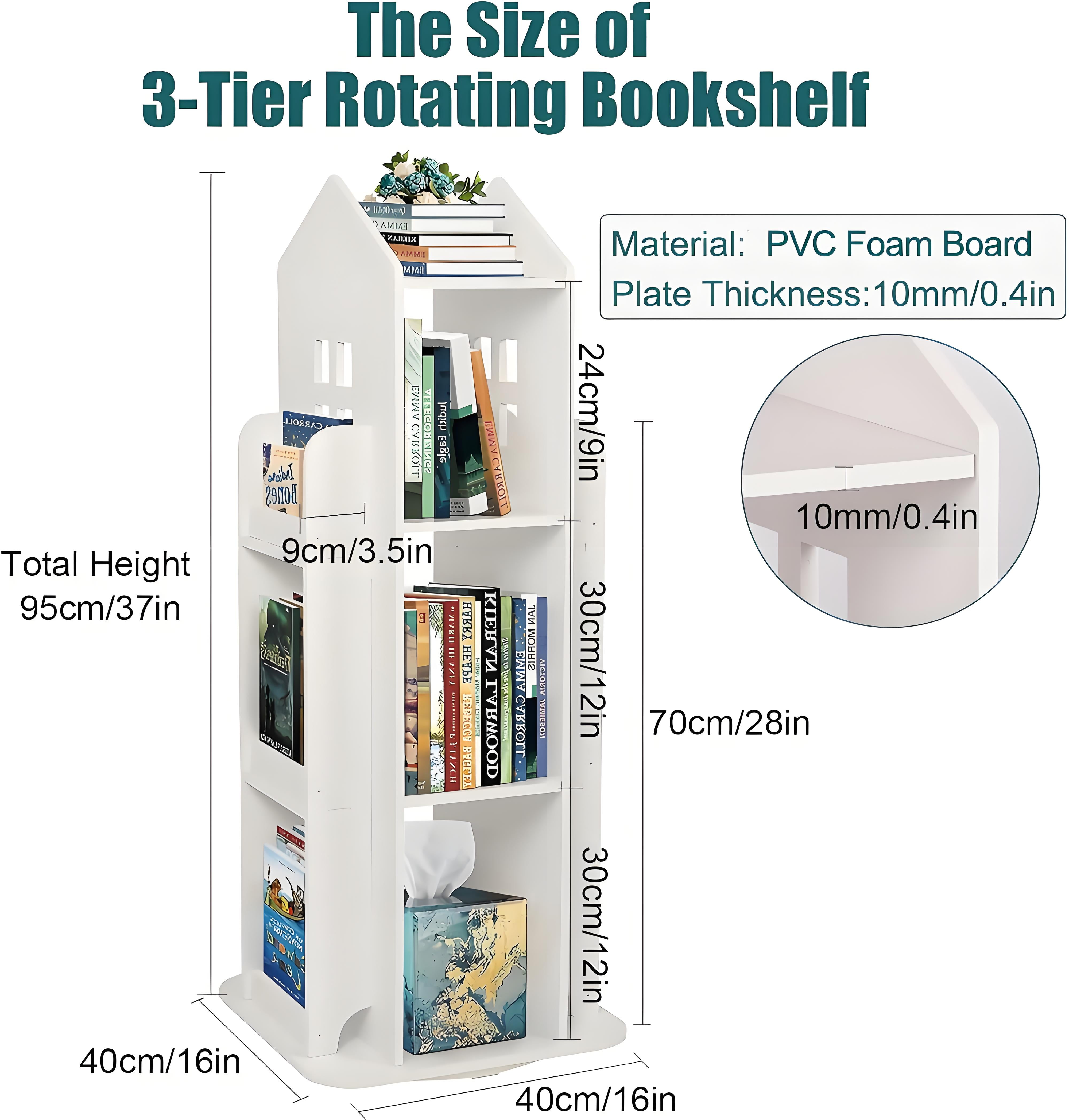 Gtouse 3 Tier Rotating Bookshelf, 360° Display Corner Bookshelf, Wooden Floor Standing Bookcase