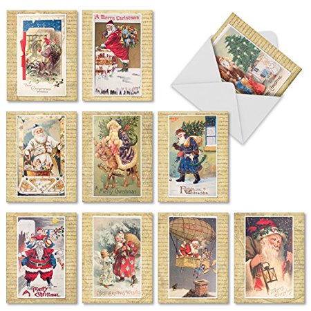'M10040XS HOLLY JOLLY SANTA' 10 Assorted Merry Christmas Note Cards Reproduce Visions of Santa from Antique Postcards with Envelopes by The Best Card