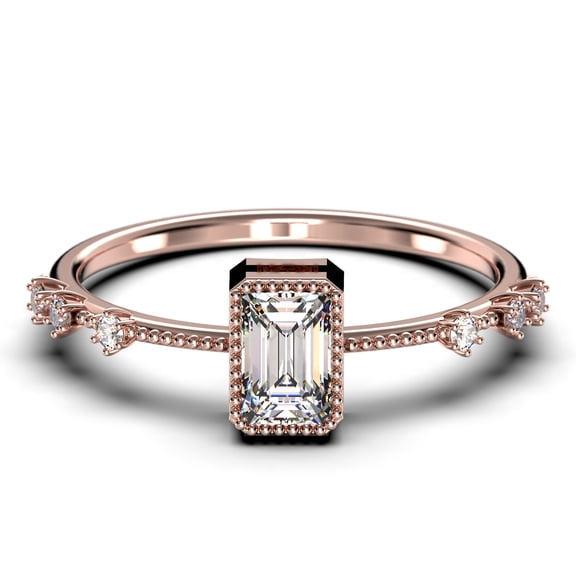 Art Deco 1.25 Carat Emerald Cut Diamond Moissanite Thin Engagement Ring, Slim Wedding Ring in 10k Solid Rose Gold, Gift For Her Gift For Wife, Holiday Gift, Promise Ring, Anniversary Ring