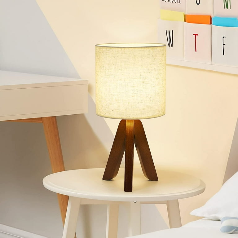 Small Table Nightstand Lamp with Wooden Tripod Base, Linen Shade -  Walmart.com