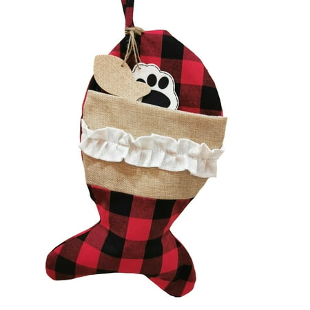 

AerDream Christmas Pet Sock Bone/Fish Shape Red Black Plaid Paw Print Tag Adorable Gifts Scene Layout Tear-resistant Hanging Xmas Tree Gift Bag Pendant Party Favors