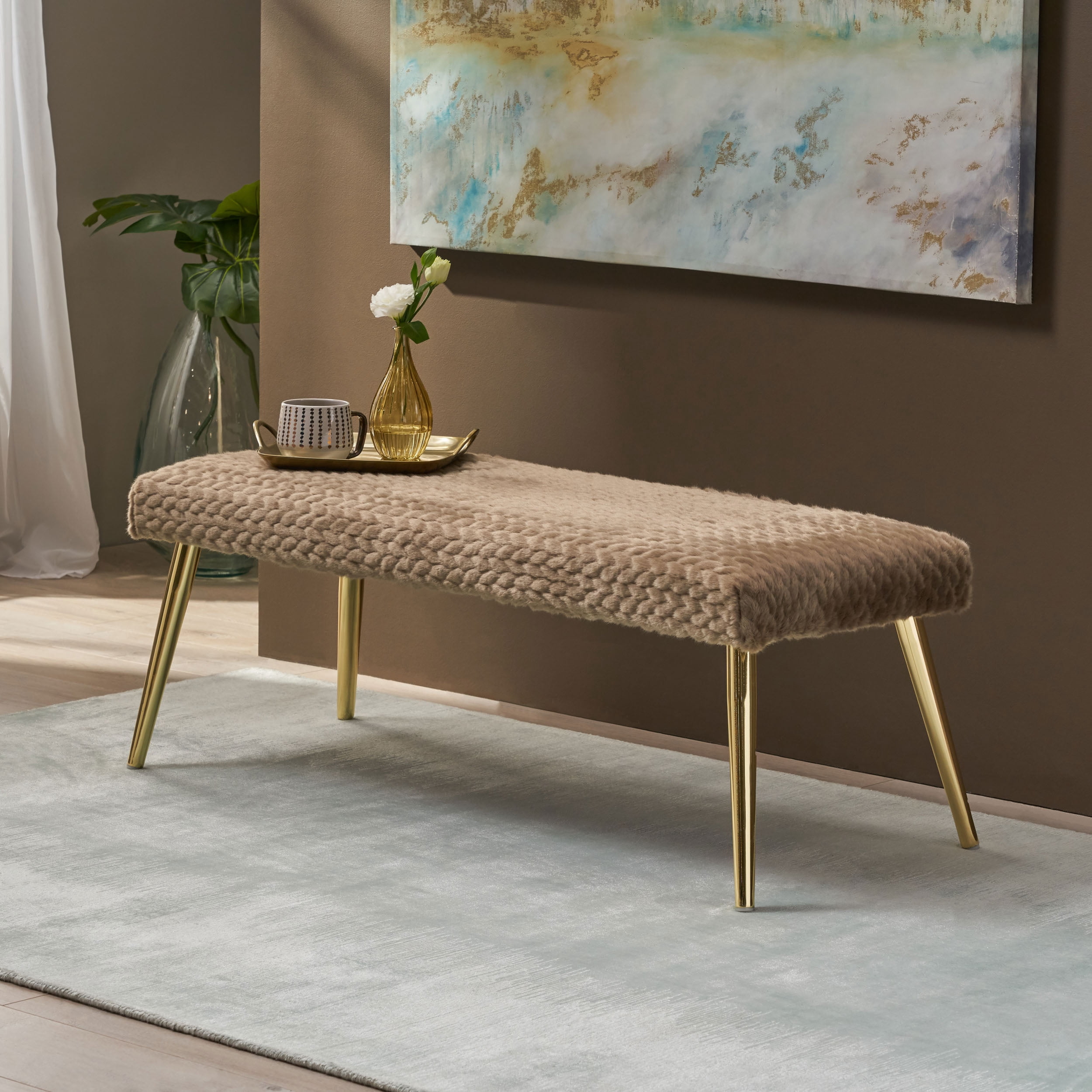Noble House Arthur Patterned Faux Fur Bench, Taupe and Gold Finish