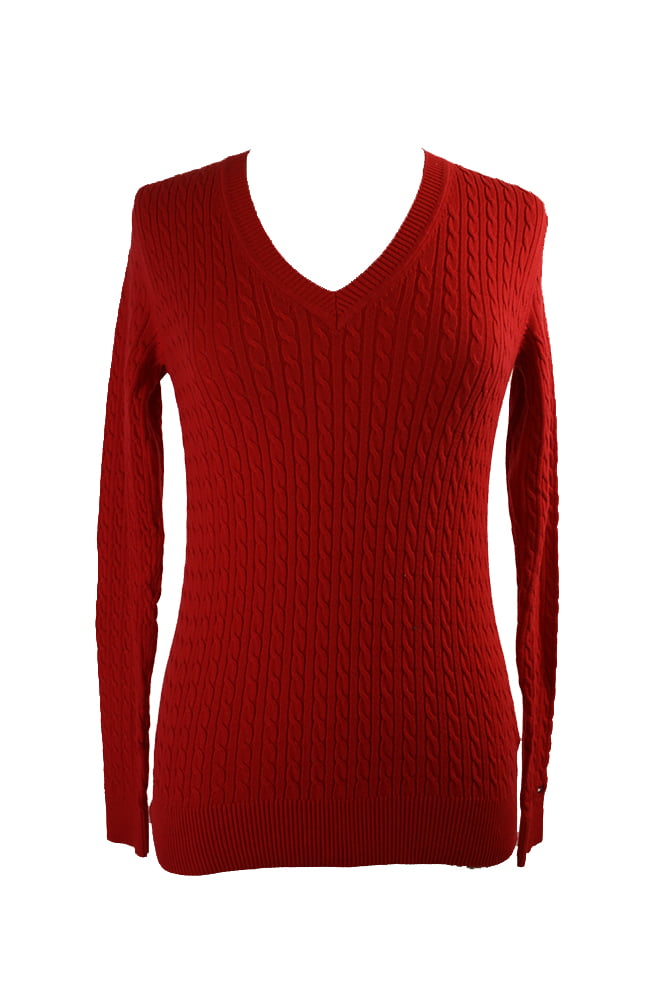 Tommy Hilfiger - Tommy Hilfiger Red Cable-Knit V-Neck Sweater S ...