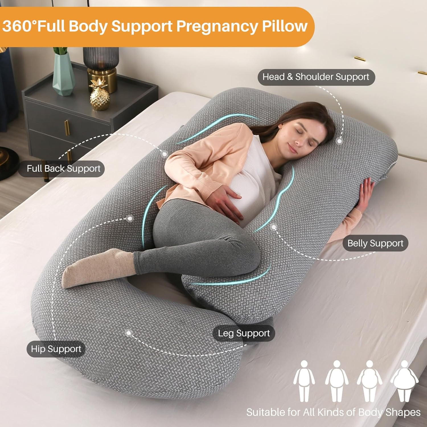 SHANNA J-Shape Pregnancy Pillow Full Body Maternity Pillow for Pregnant Women with Washable Cover for Back Belly Hips Legs Support, 57 * 27.5inch, Dark Gray