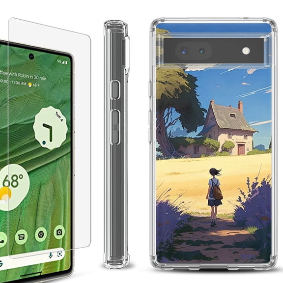 Shockproof Bumper Phone Case for Google Pixel 6a, with Tempered Glass Screen Protector, by OneToughShield ® - Lavender Summer