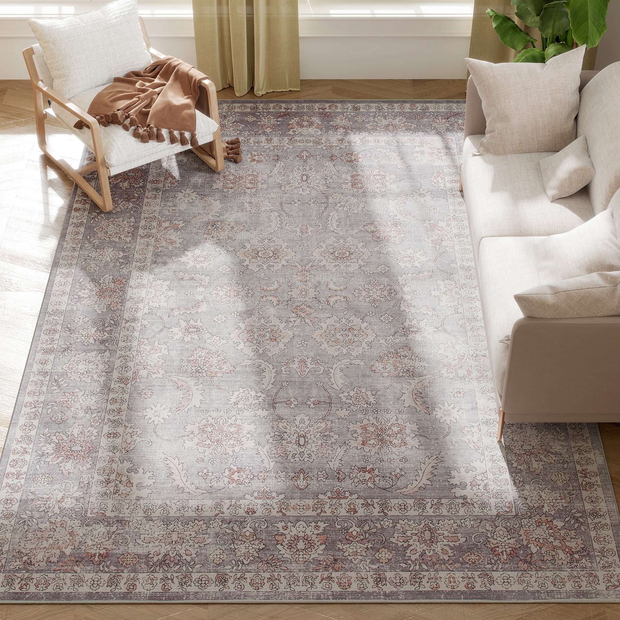 HOMCOM Machine Washable Area Rug 8x10, Non-Slip Traditional Flower Print Floor Carpet for Living Room, Bedroom, Dining Room, Grey and Brown