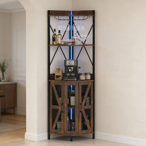 EuKer 5-Tier Corner Bar Cabinet, 71.5" Tall Liquor Cabinet with LED Lights and Power Outlet for Home, Brown