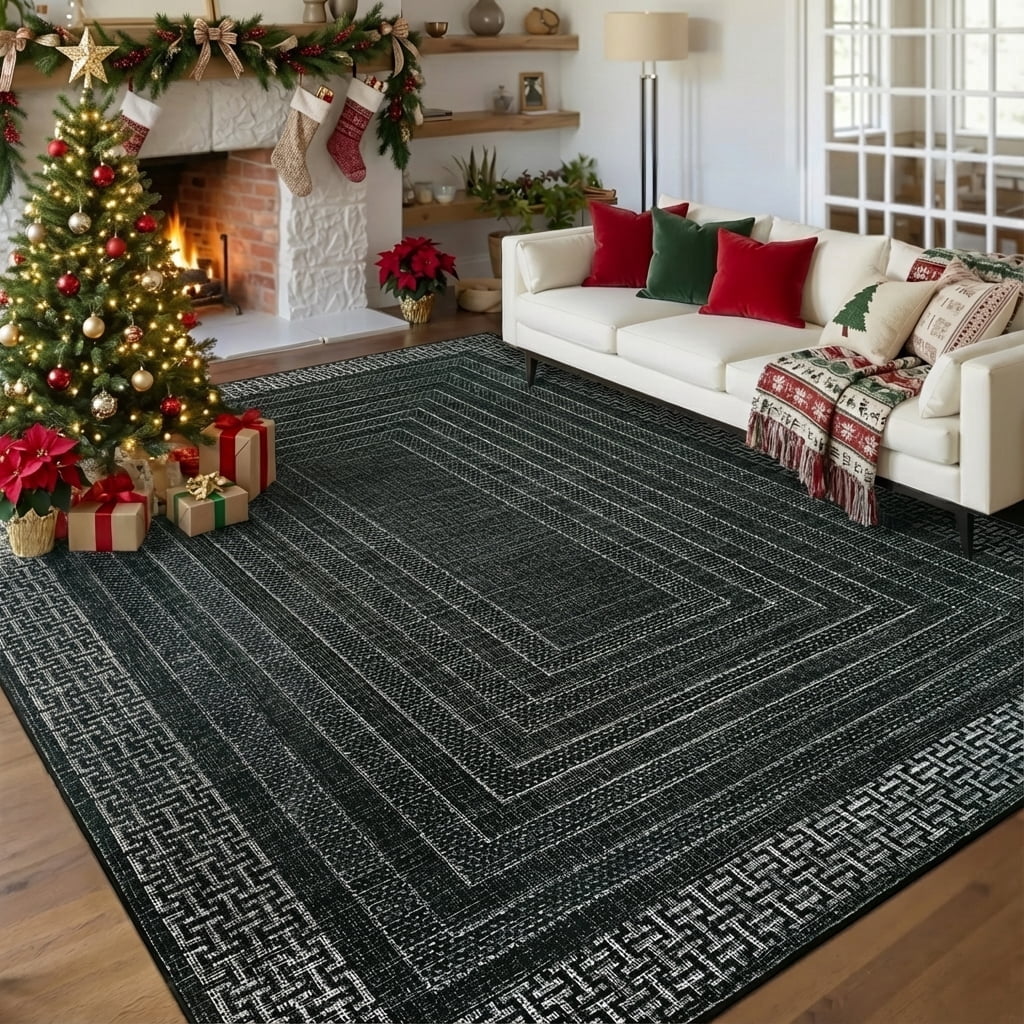 Garvee 8'x10' Geometric Bordered Area Rug Contemporary Indoor Carpet, Washable Rug Non Slip Low Pile Rug for Living Room Bedroom Dining Room, Black