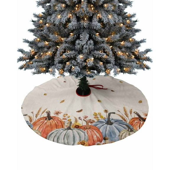 Fall Thanksgiving Christmas Tree Skirt 48 Inches Large Christmas Skirt Tree, Teal Blue Orange Pumpkin Weeping Maple Leaf Tree Skirt Christmas Decorations for Fireplace Party Holidays Indoor Outdoor