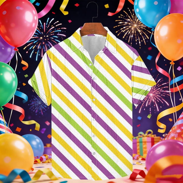 Ceisia Men's Mardi Gras Festive Print Short Sleeve Button-Up Shirt Collection | Diagonal Stripe Carnival Color Button-Up Shirt Gifts