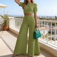 thumbnail image 4 of SOOMLON 2 Piece Skirt Set for Women Plus Size Dressy Puff Sleeve Button down Shirts Draped Culottes Green Matching Set, 4 of 6