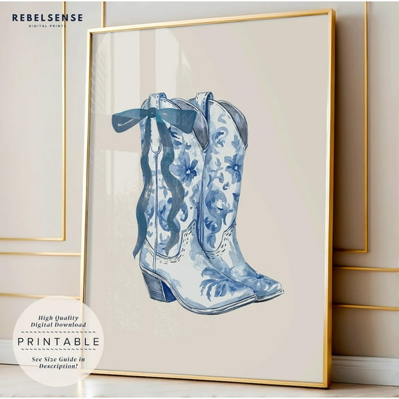 Chinoiserie Cowgirl Boot Print, Blue Western Room Decor, Cowgirl Wall Art, Chinoiserie Wall Art, Preppy Room Decor, Trendy Blue Prints Wall Art, Modern Wall Decor, 8x12 UNFRAMED