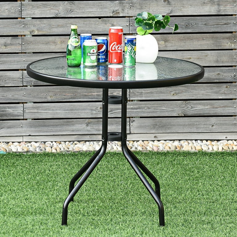 Round glass deals patio table with umbrella hole