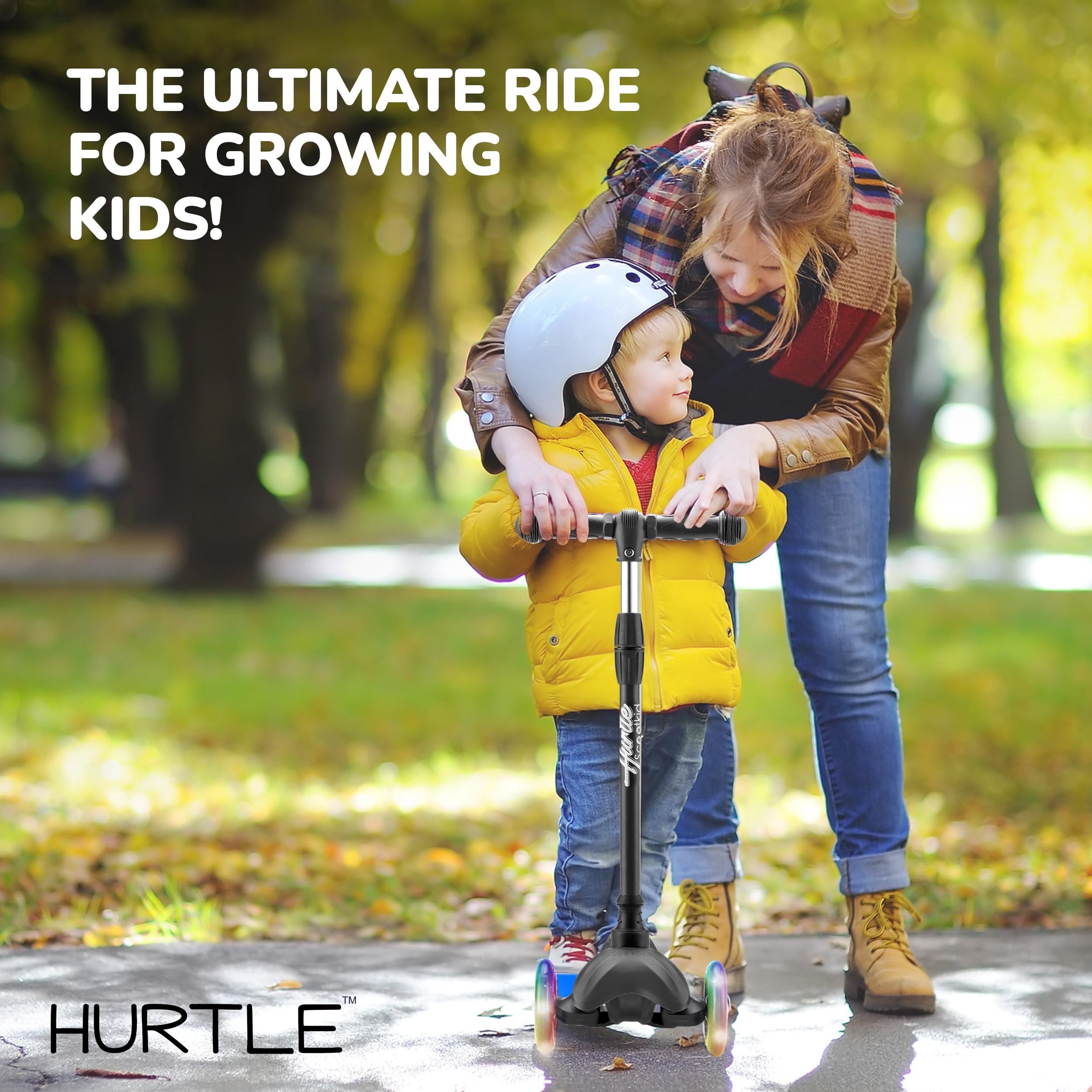 Hurtle Mini Kickboard Scooter for Kids - Height Adjustable 25''-28'', Lightweight 3-Wheels with LED Light-up, Anti-Slip,Indoor/Outdoor Fun, Micro-Scooter for Ages 2-5