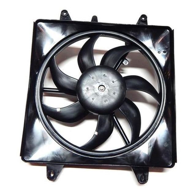 motoventilador bruck-germany 5u0959455a-compl, motoventilador eléctrico negro completo con marco, vista frontal centrada de carcasa cuadrada con hélice multi-aspas y eje central visible, cuatro orejetas de montaje en esquinas; para sistema de radiador y enfriamiento de motor, a menudo usado como pieza de reemplazo.