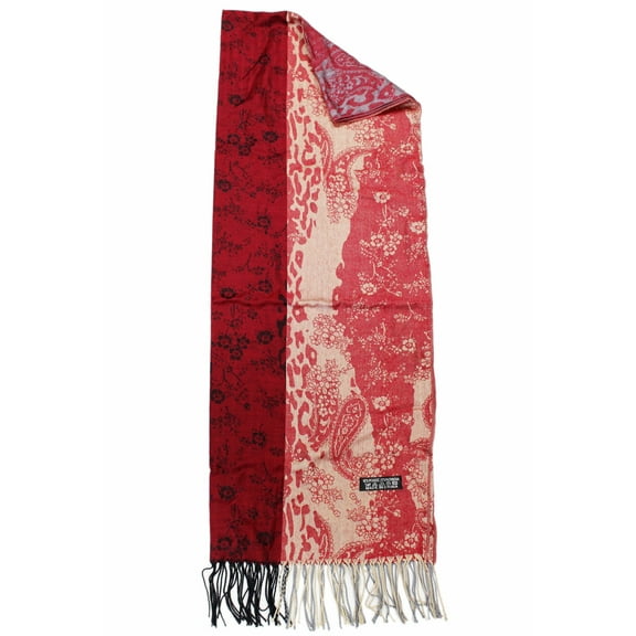 Red Pashmina Shawl w/Black and Gold Swirling Floral Patterns