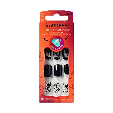 KISS imPRESS Halloween Press On Nails, ‘Coming Near’, Black, Short Squoval, 30 Count