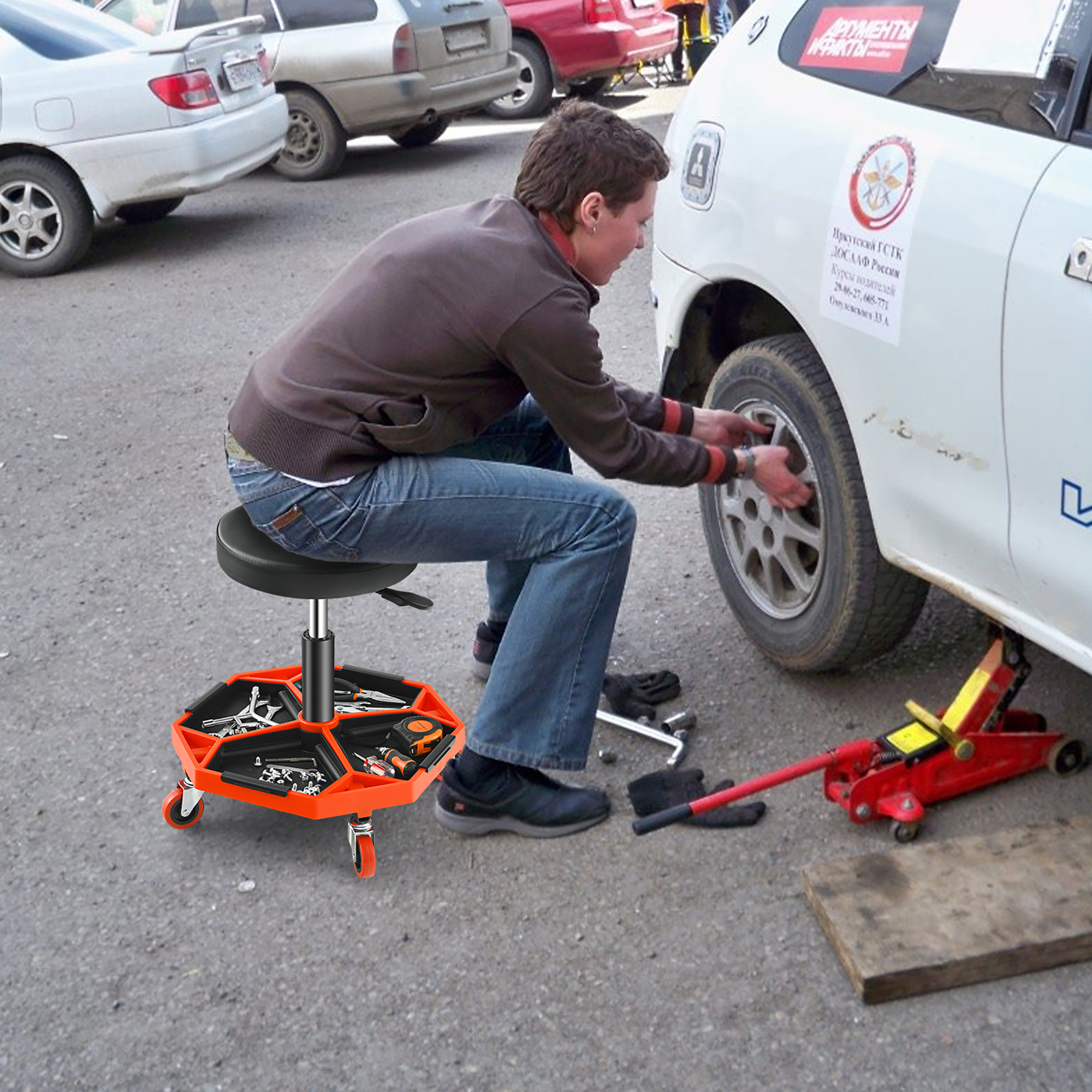 Rolling Mechanic Stool with Removable Padded Seat and Drawers | Costway