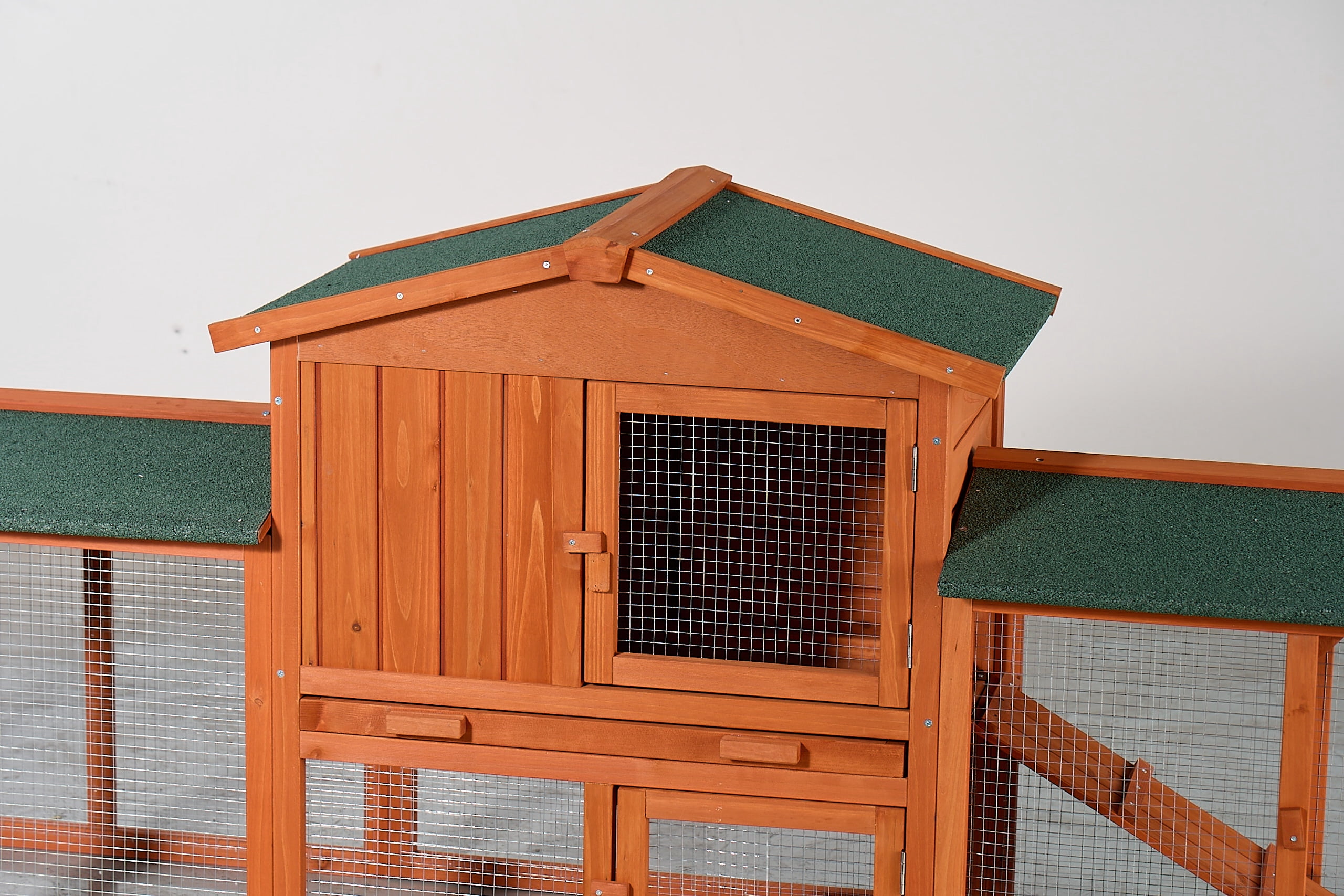 Large Wooden Rabbit Hutch, Outdoor Bunny Cage with Spacious Run, Waterproof Asphalt Roof, Pull-Out Tray and Ramp, Fir Wood Pet House for Rabbits, Chickens and Small Animals (Brown & Green)